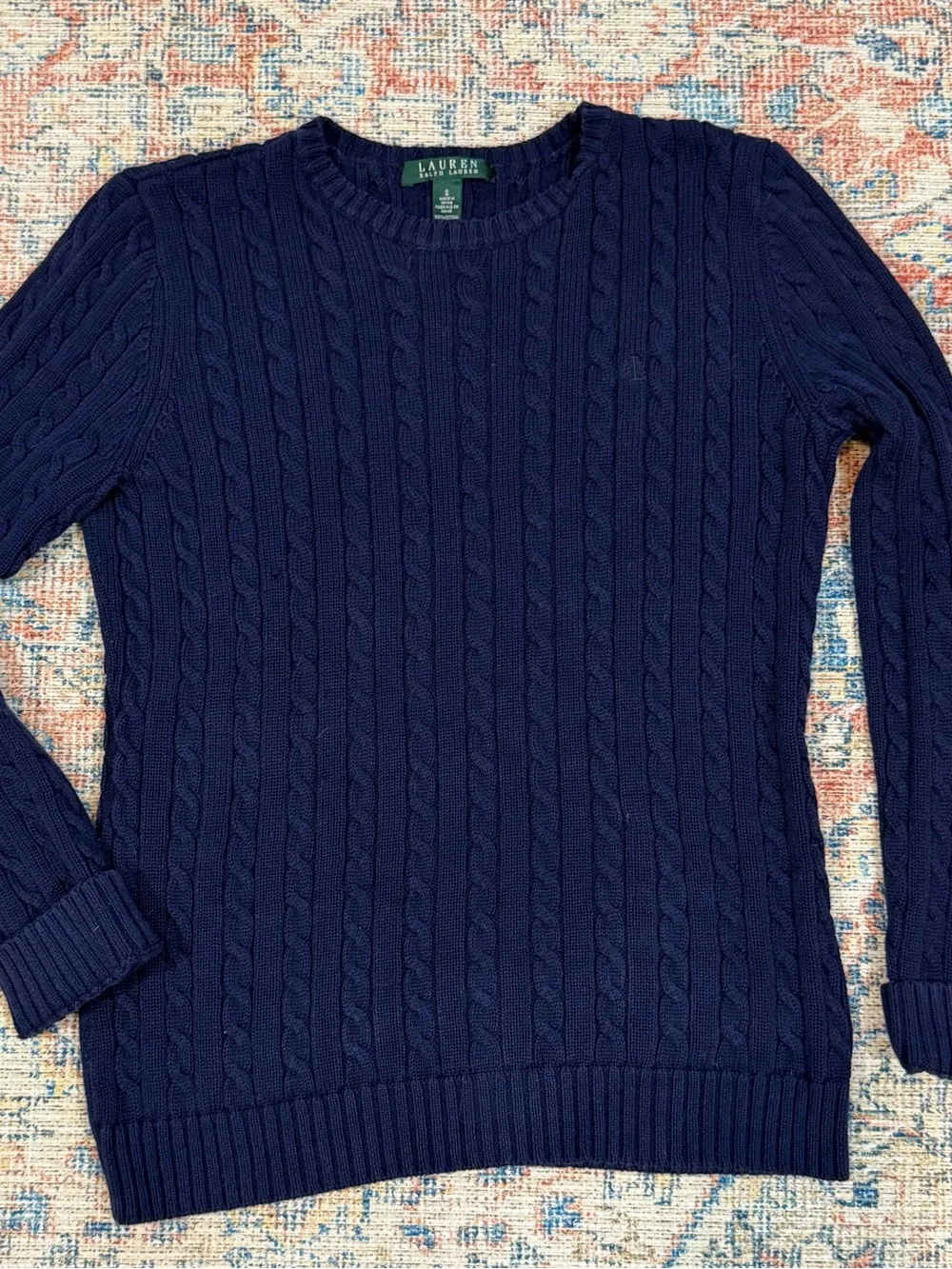 Lauren Ralph Lauren Navy Cable Knit Sweater S 100% Cotton RL Logo Old Money Fall
